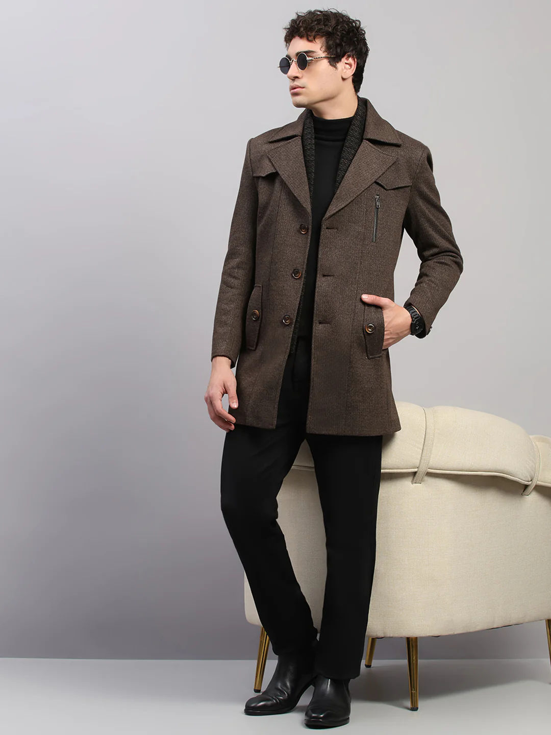 Men Brown Solid Collar Full Sleeve Coat - Image 2