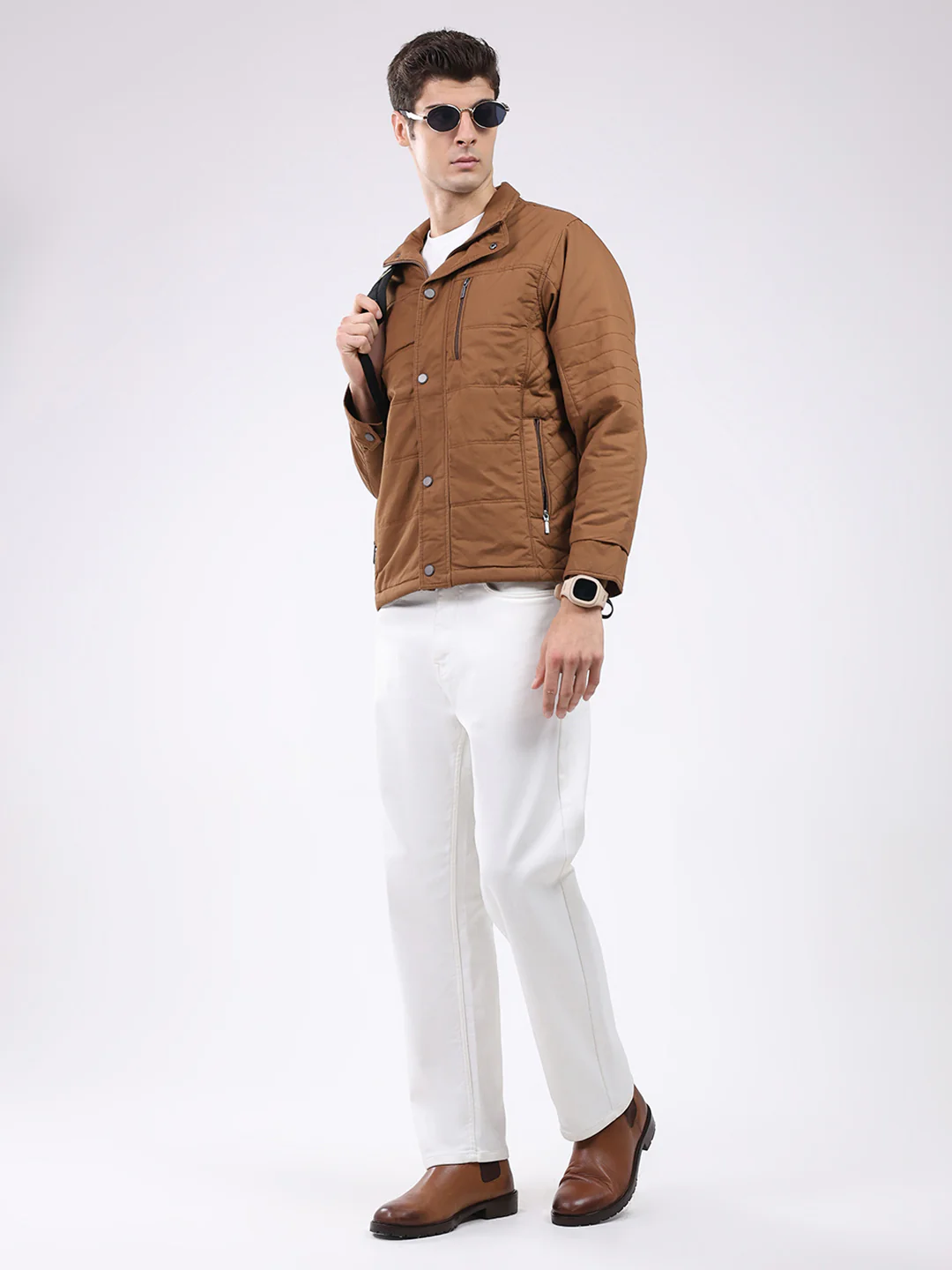 Men Brown Solid Collar Full Sleeve Jacket - Image 2