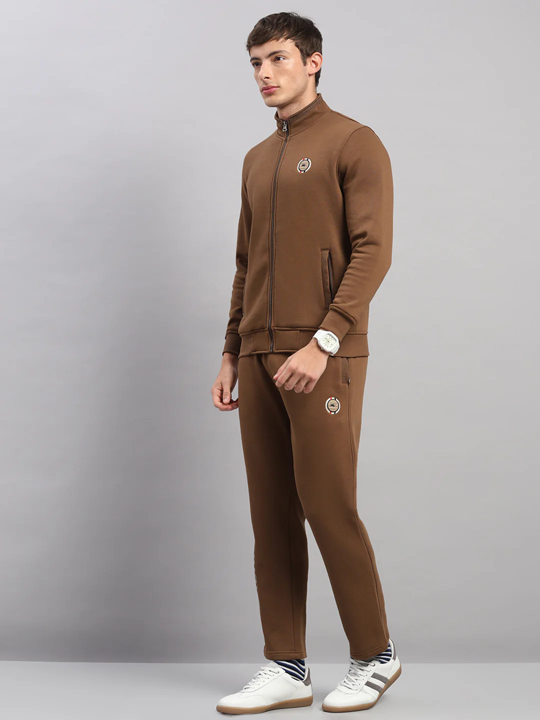 Men Brown Solid Collar Full Sleeve Winter Tracksuit - Image 3
