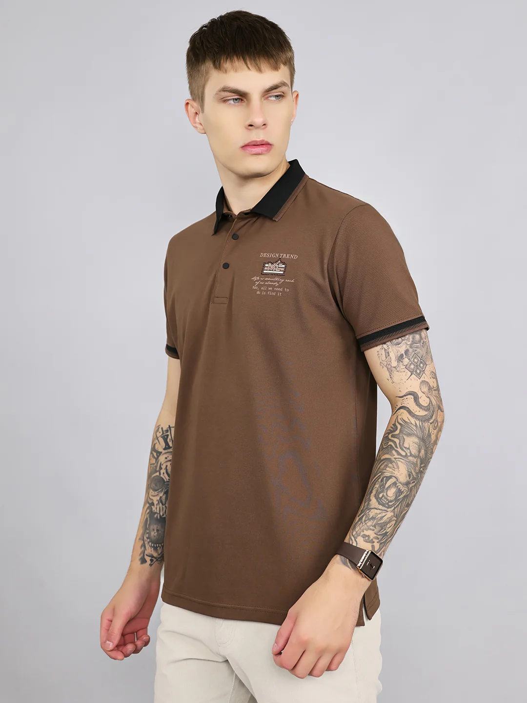 Men Brown Solid Collar Half Sleeve T-Shirt - Image 2