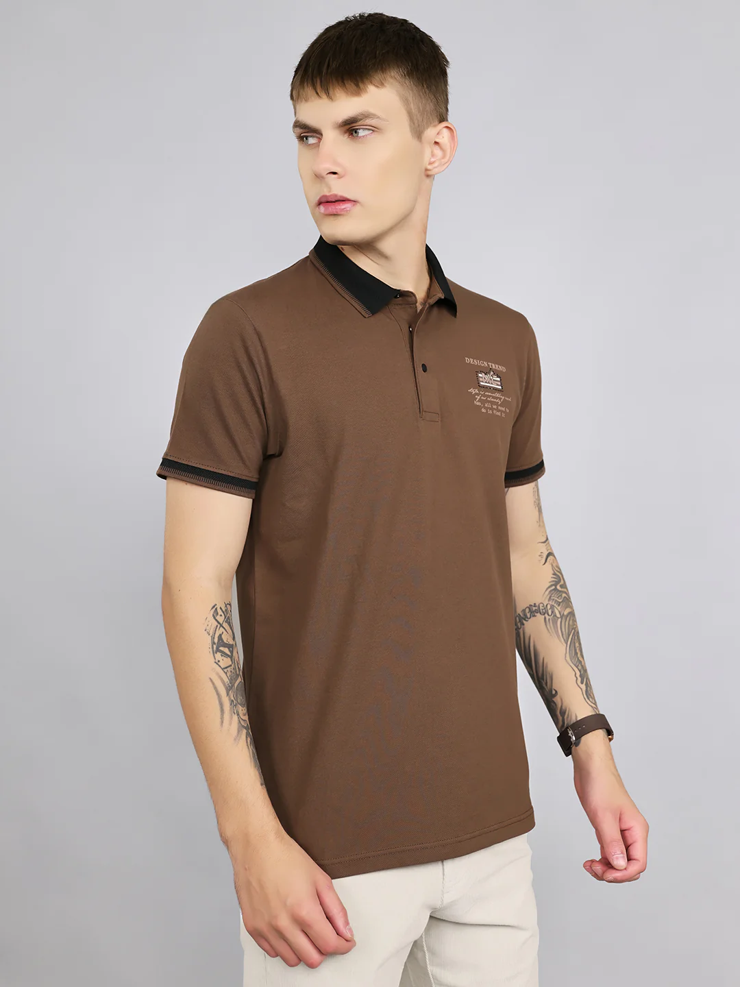Men Brown Solid Collar Half Sleeve T-Shirt - Image 3