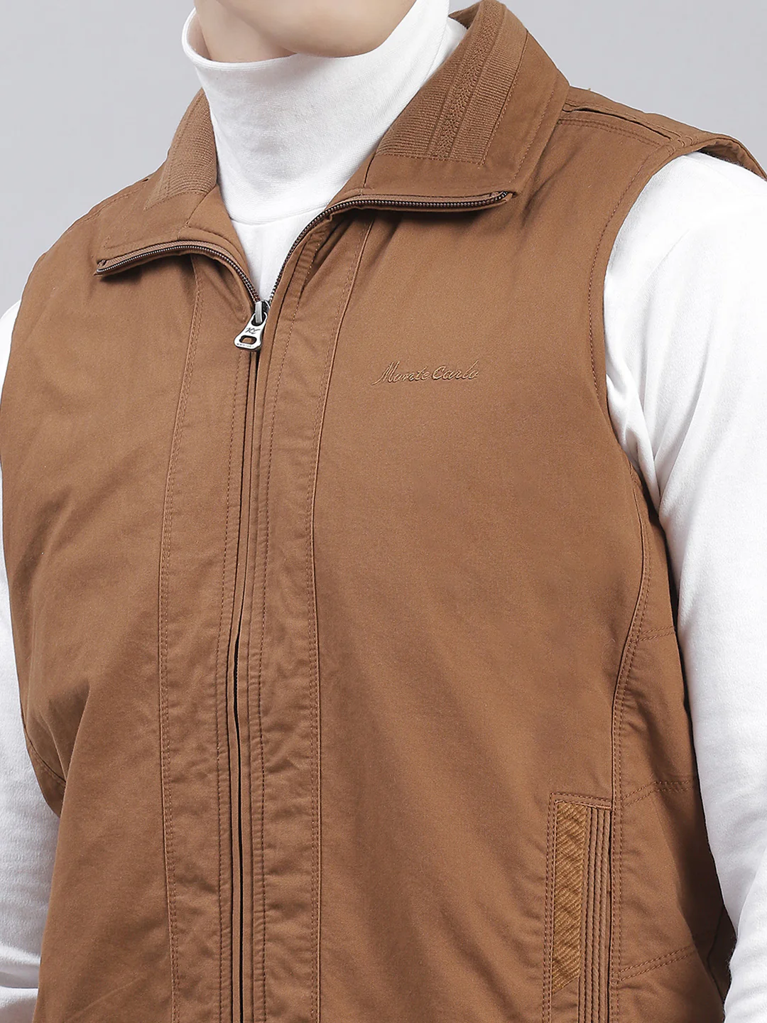 Men Brown Solid Collar Sleeveless Jackets - Image 7