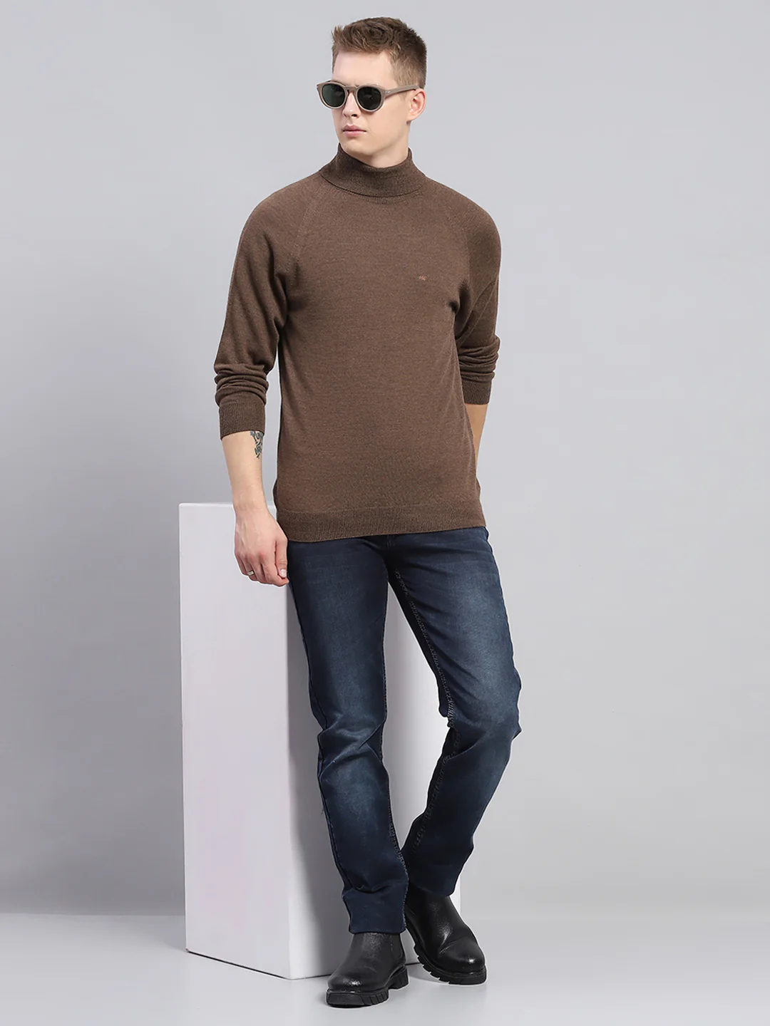 Men Brown Solid High Neck Full Sleeve Pullover - Image 2
