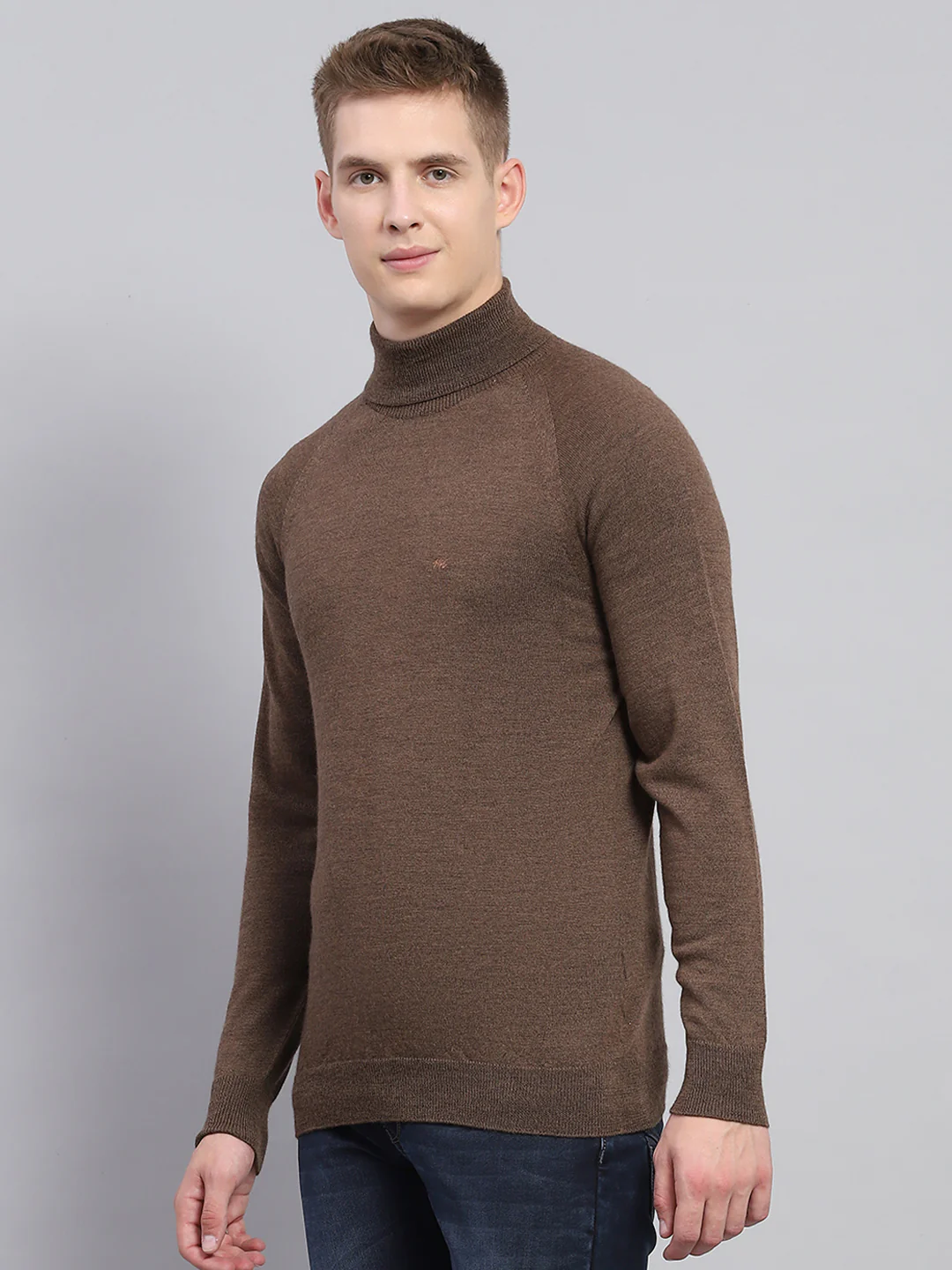 Men Brown Solid High Neck Full Sleeve Pullover - Image 3