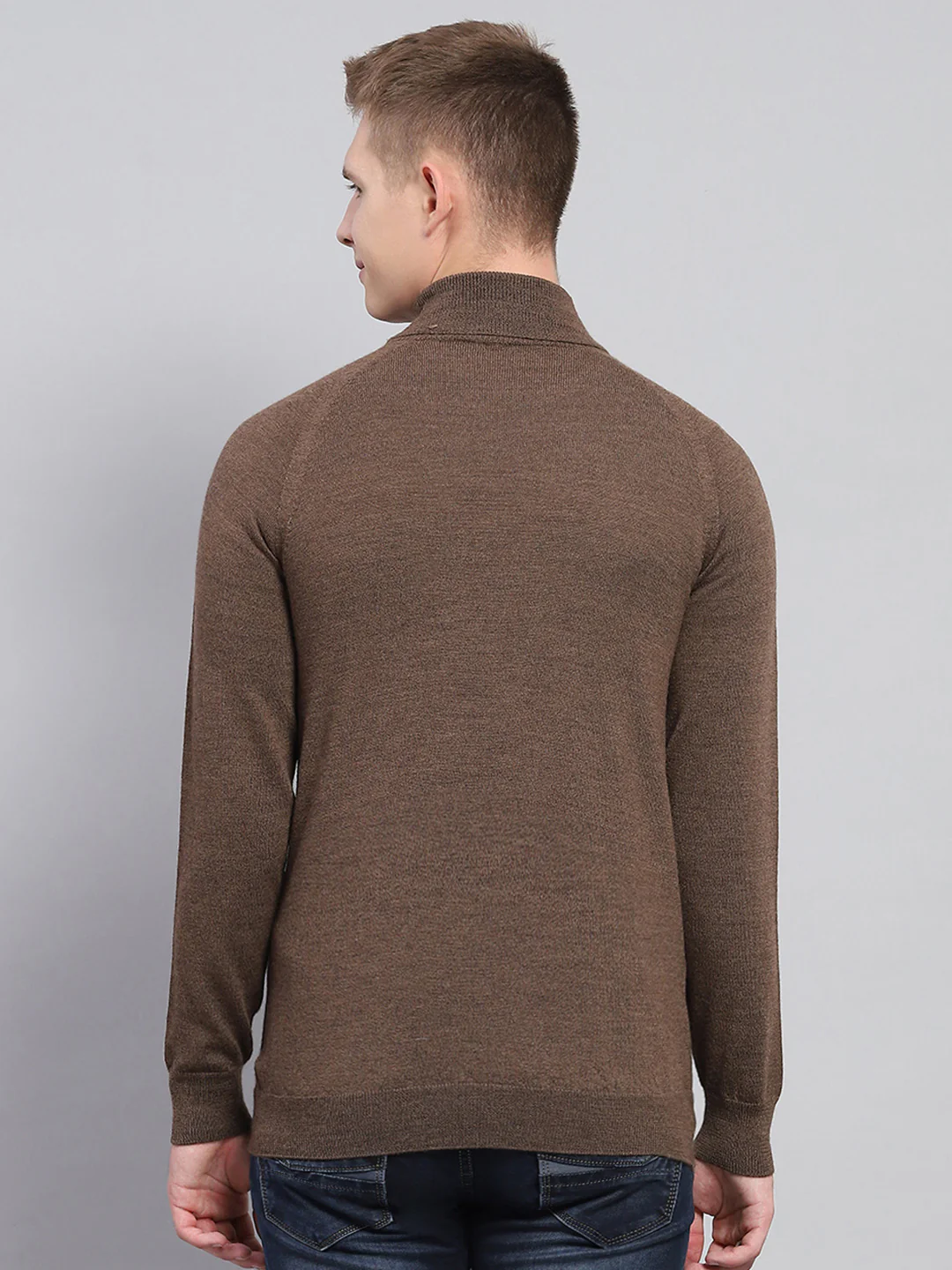 Men Brown Solid High Neck Full Sleeve Pullover - Image 5