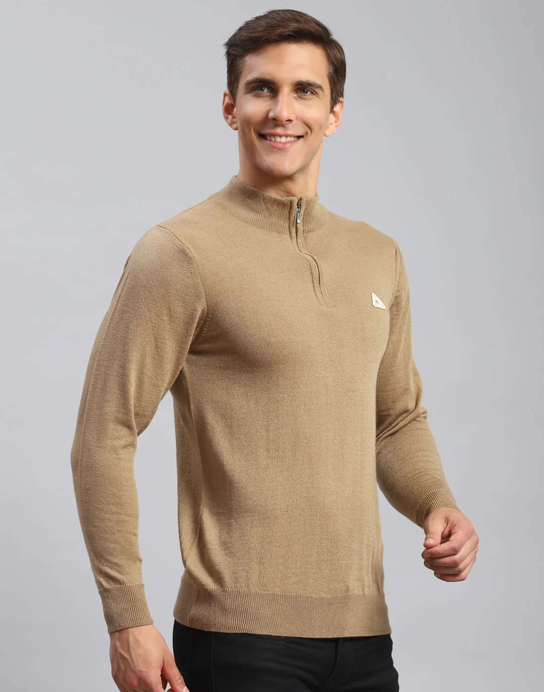 Men Brown Solid High Neck Full Sleeve Pullover - Image 4
