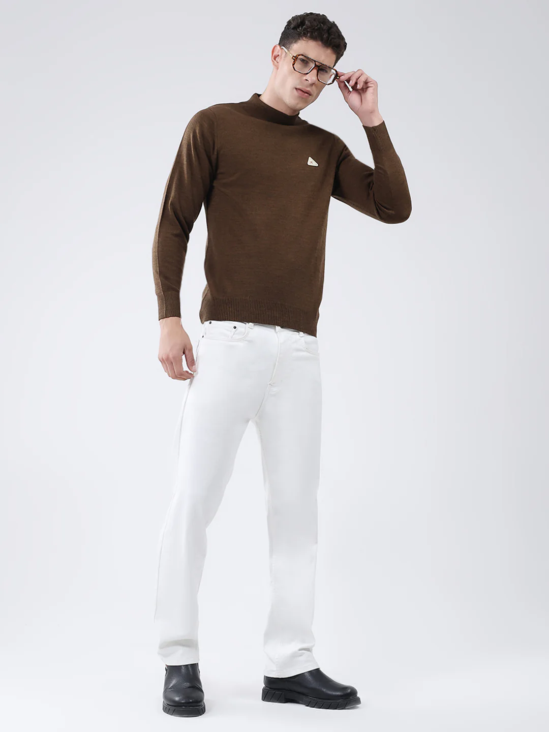 Men Brown Solid High Neck Full Sleeve Pullover - Image 2