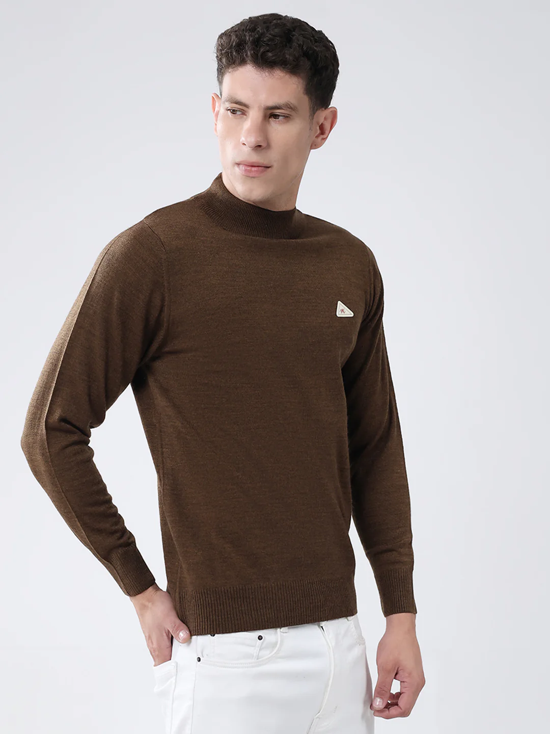 Men Brown Solid High Neck Full Sleeve Pullover - Image 4
