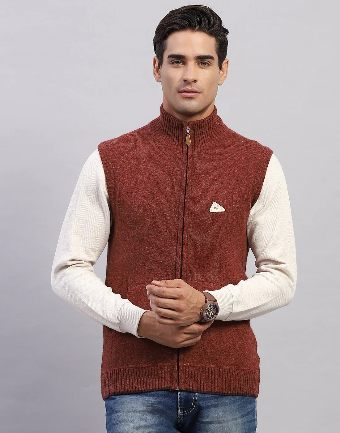 Men Brown Solid High Neck Sleeveless Sweater - Image 2