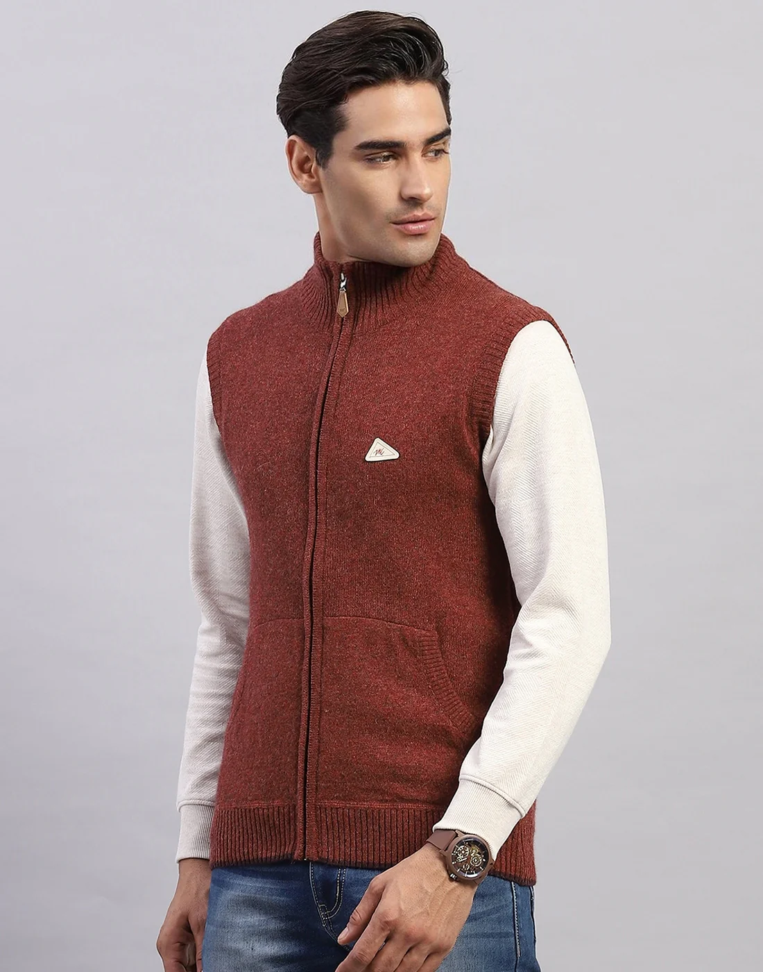 Men Brown Solid High Neck Sleeveless Sweater - Image 3