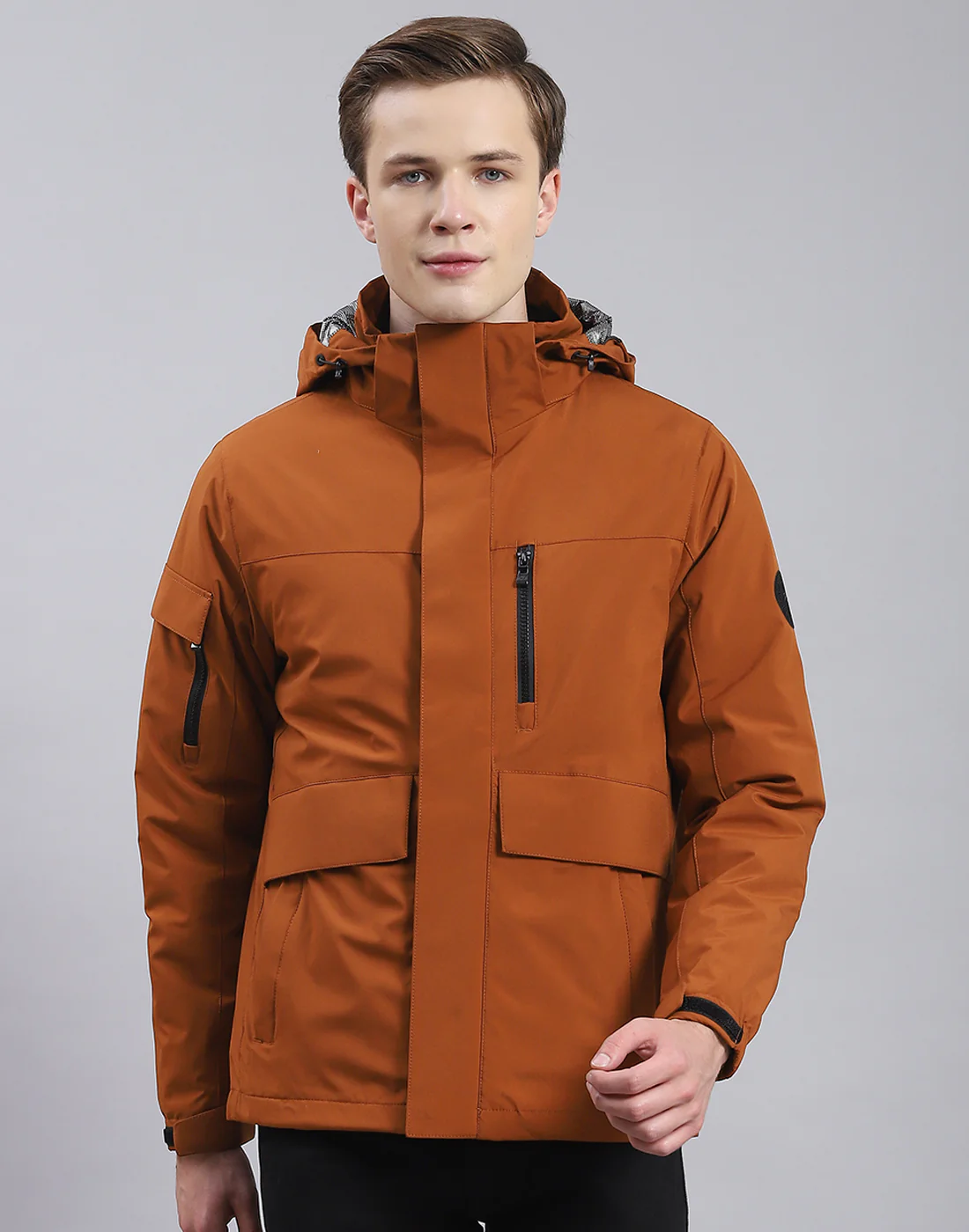 Men Brown Solid Hooded Full Sleeve Jacket - Image 2