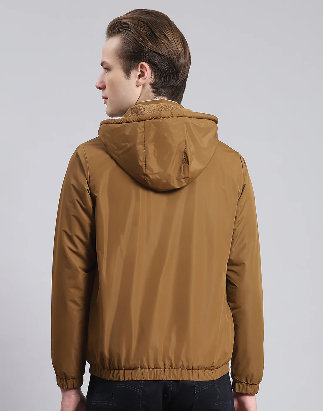 Men Brown Solid Hooded Full Sleeve Jacket - Image 5