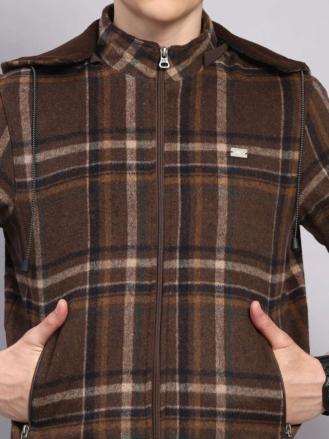 Men Brown Solid Hooded Full Sleeve Jacket - Image 6