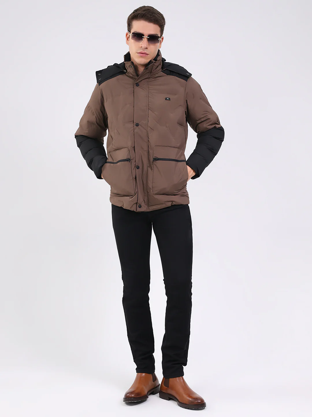 Men Brown Solid Hooded Full Sleeve Jacket - Image 2