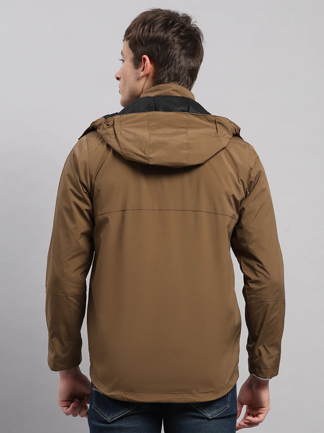 Men Brown Solid Hooded Full Sleeve Jacket - Image 5