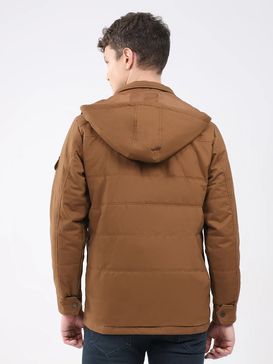 Men Brown Solid Hooded Full Sleeve Jacket - Image 5