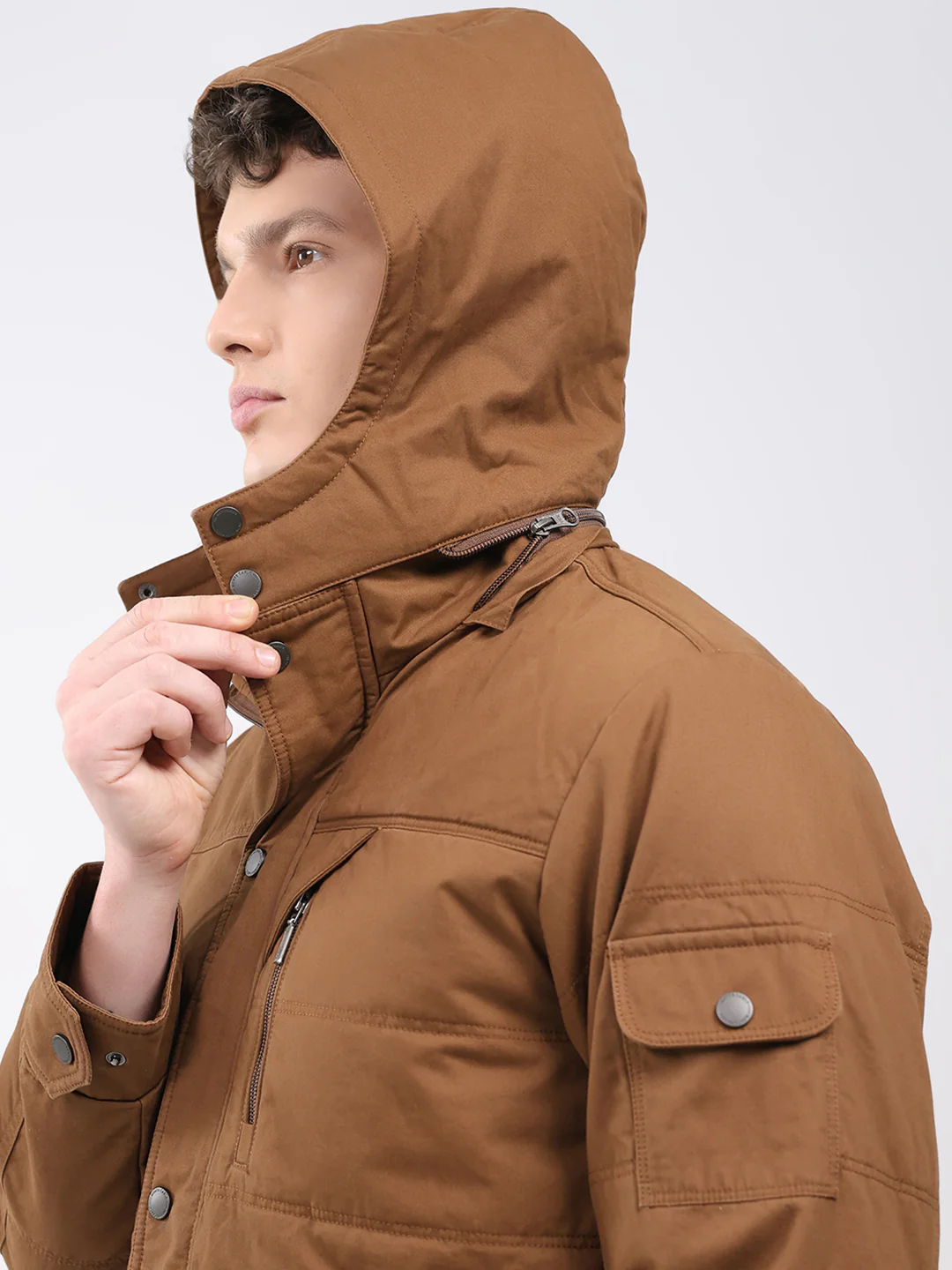 Men Brown Solid Hooded Full Sleeve Jacket - Image 7
