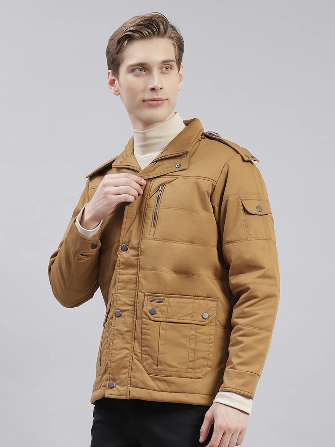 Men Brown Solid Hooded Full Sleeve Jackets - Image 4