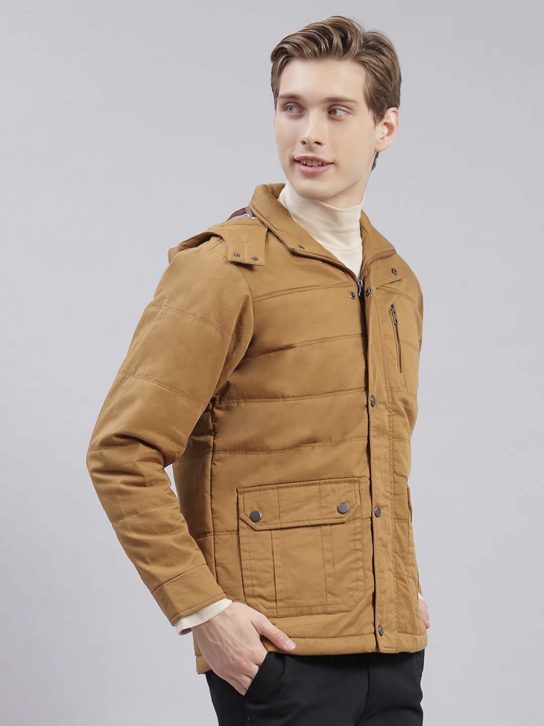 Men Brown Solid Hooded Full Sleeve Jackets - Image 5