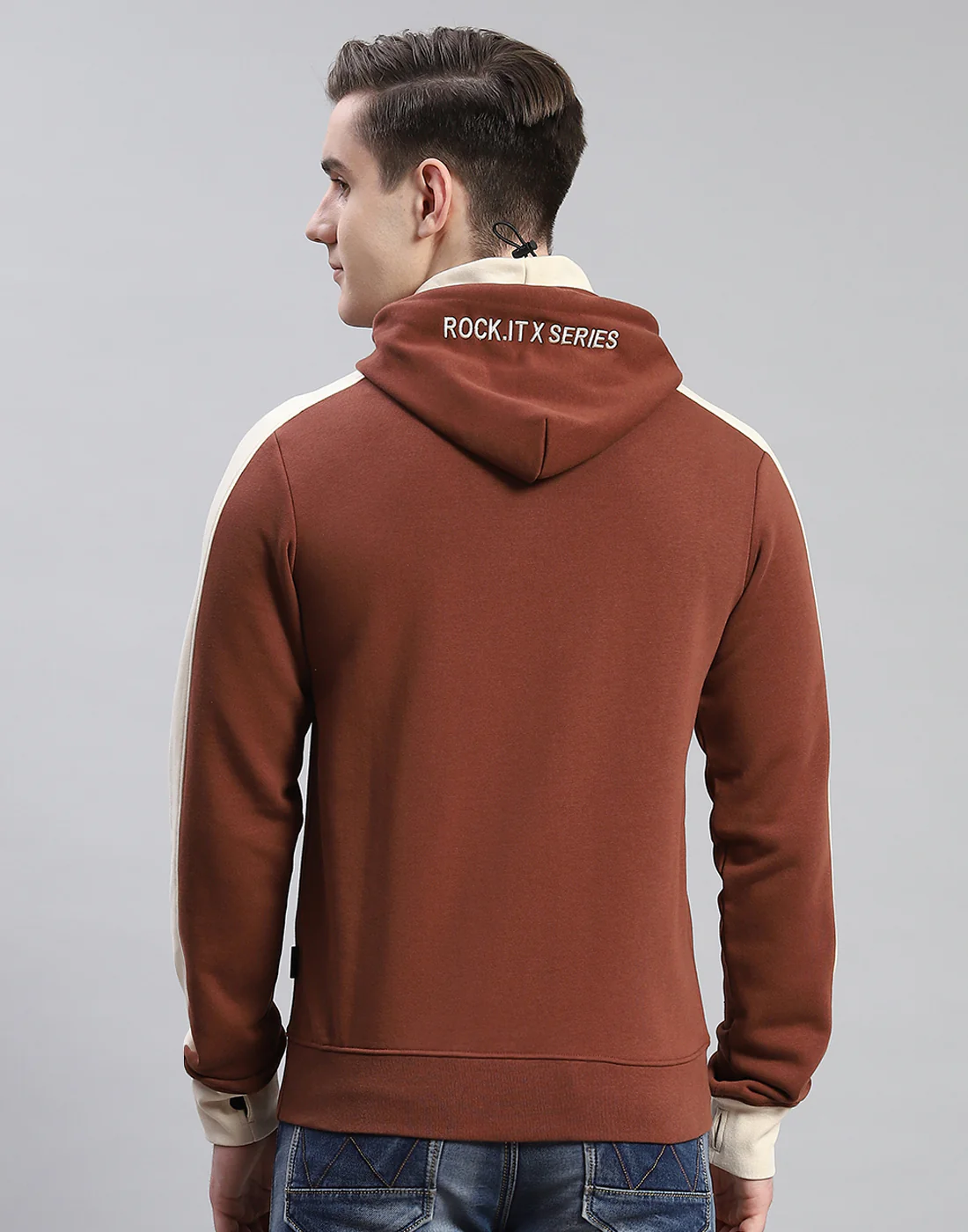 Rock.it Men Brown Solid Hooded Full Sleeve Sweatshirt - Image 5
