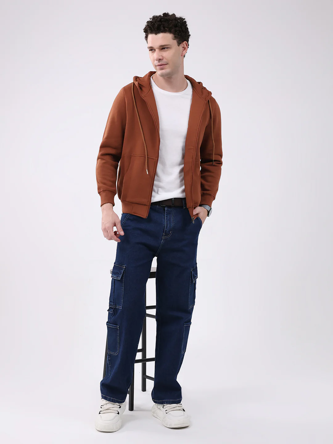 Men Brown Solid Hooded Full Sleeve Sweatshirt - Image 2