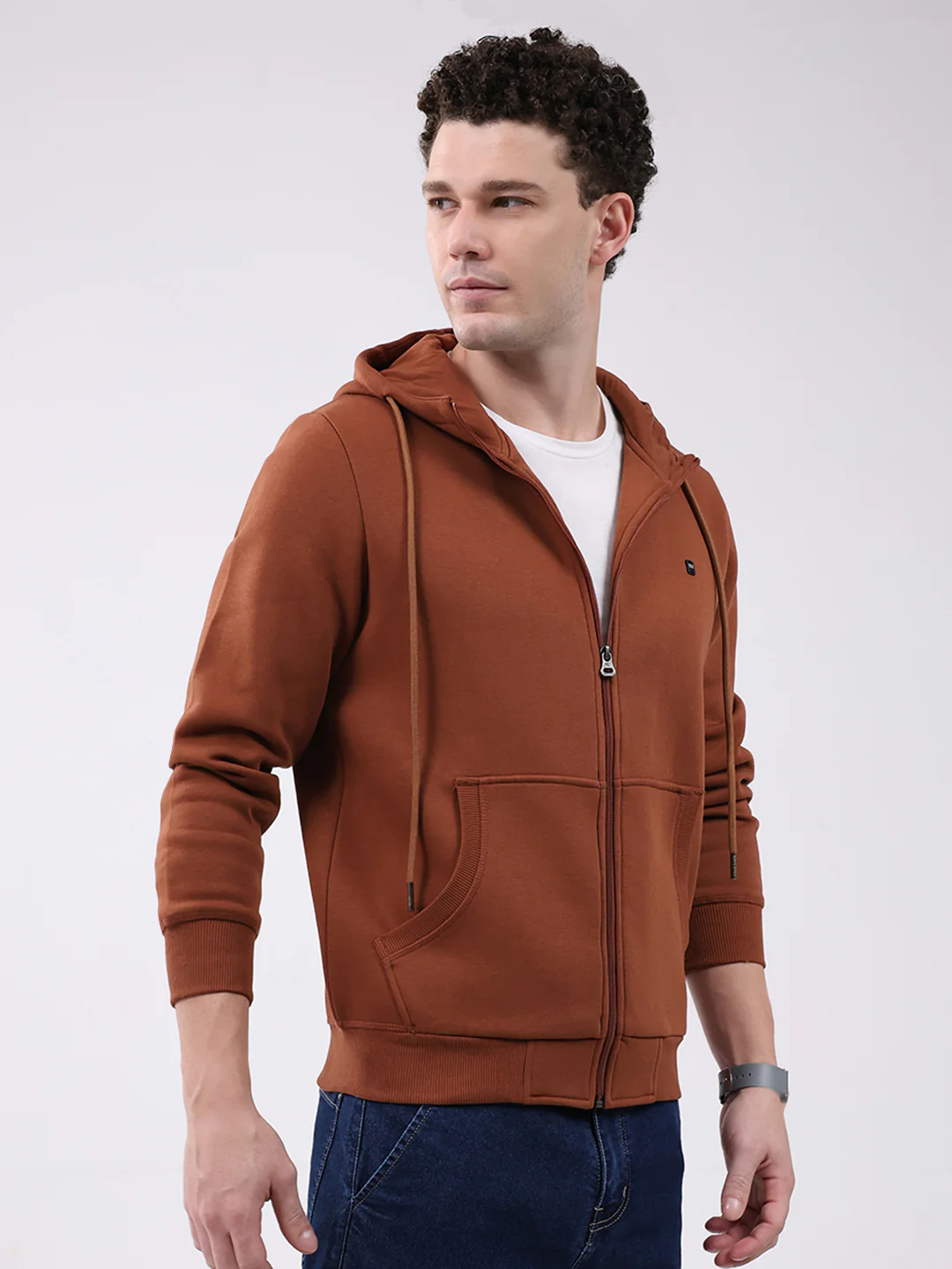 Men Brown Solid Hooded Full Sleeve Sweatshirt - Image 4