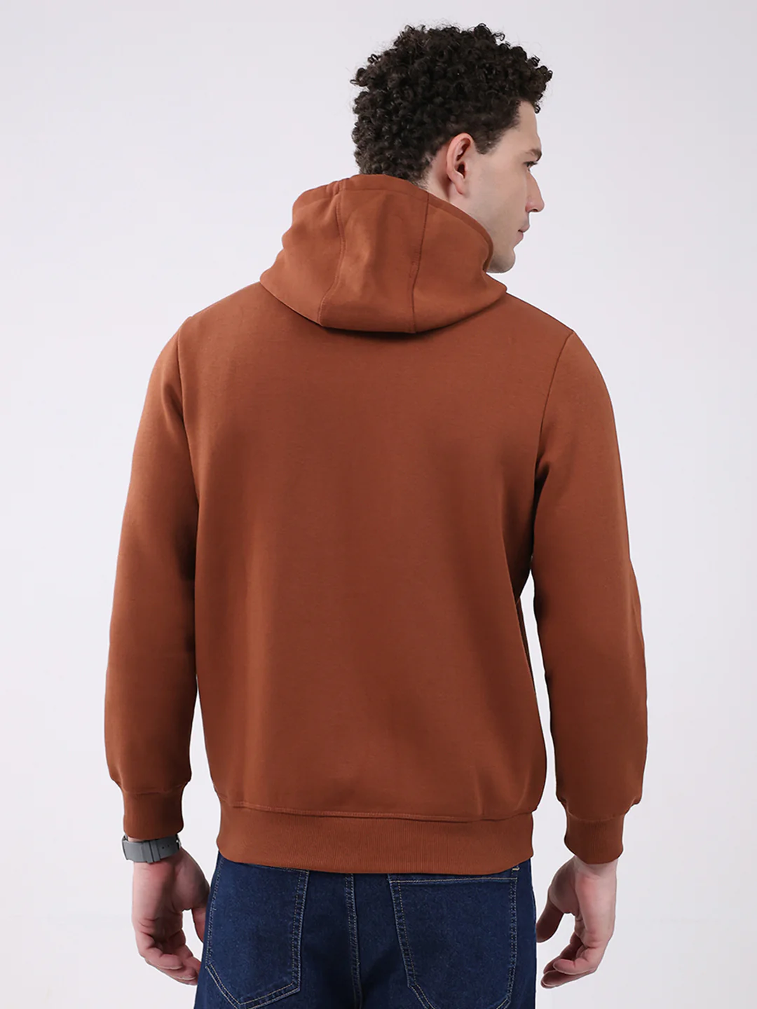 Men Brown Solid Hooded Full Sleeve Sweatshirt - Image 5