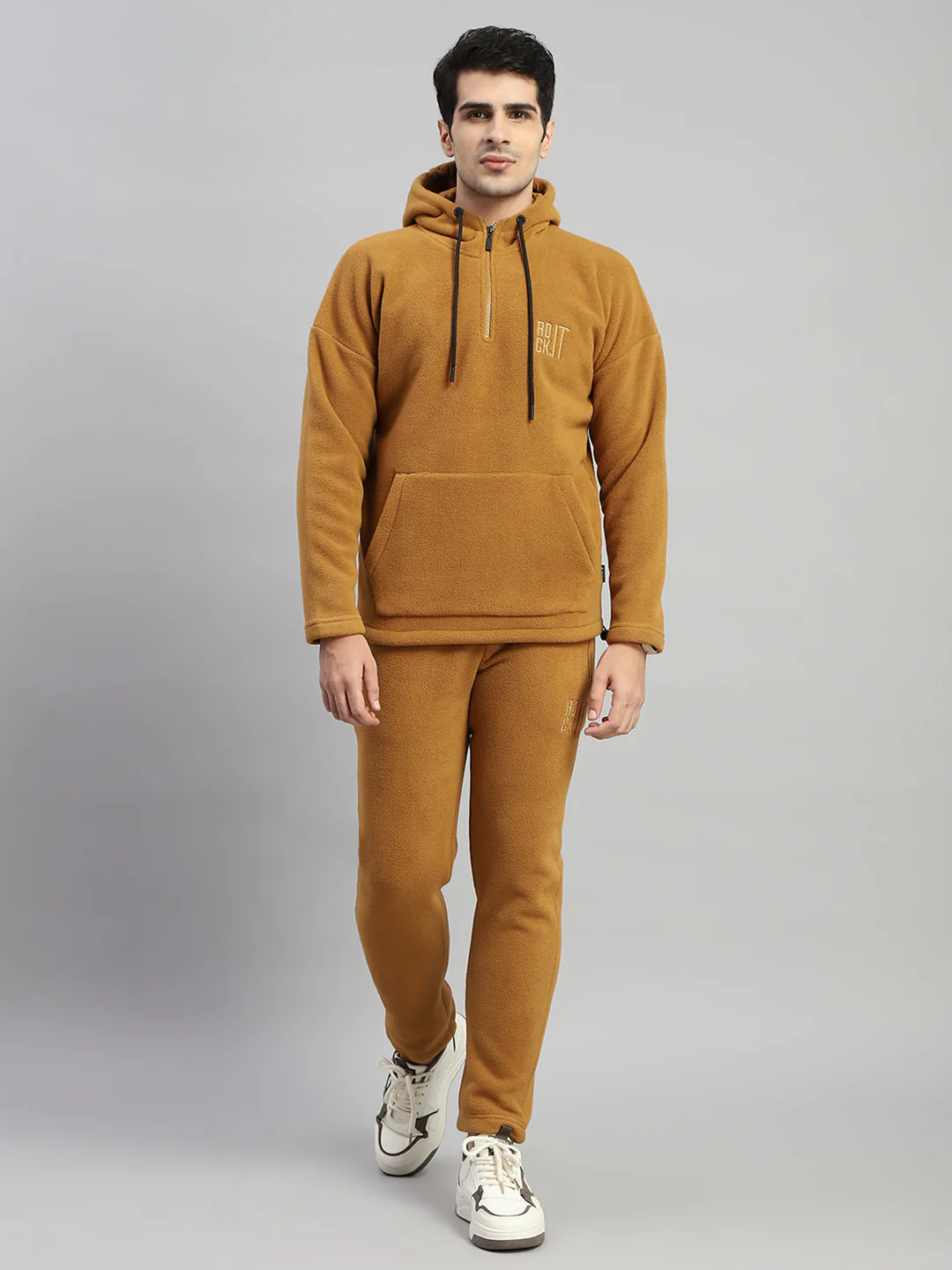 Rock.it Men Brown Solid Hooded Full Sleeve Winter Tracksuit - Image 2