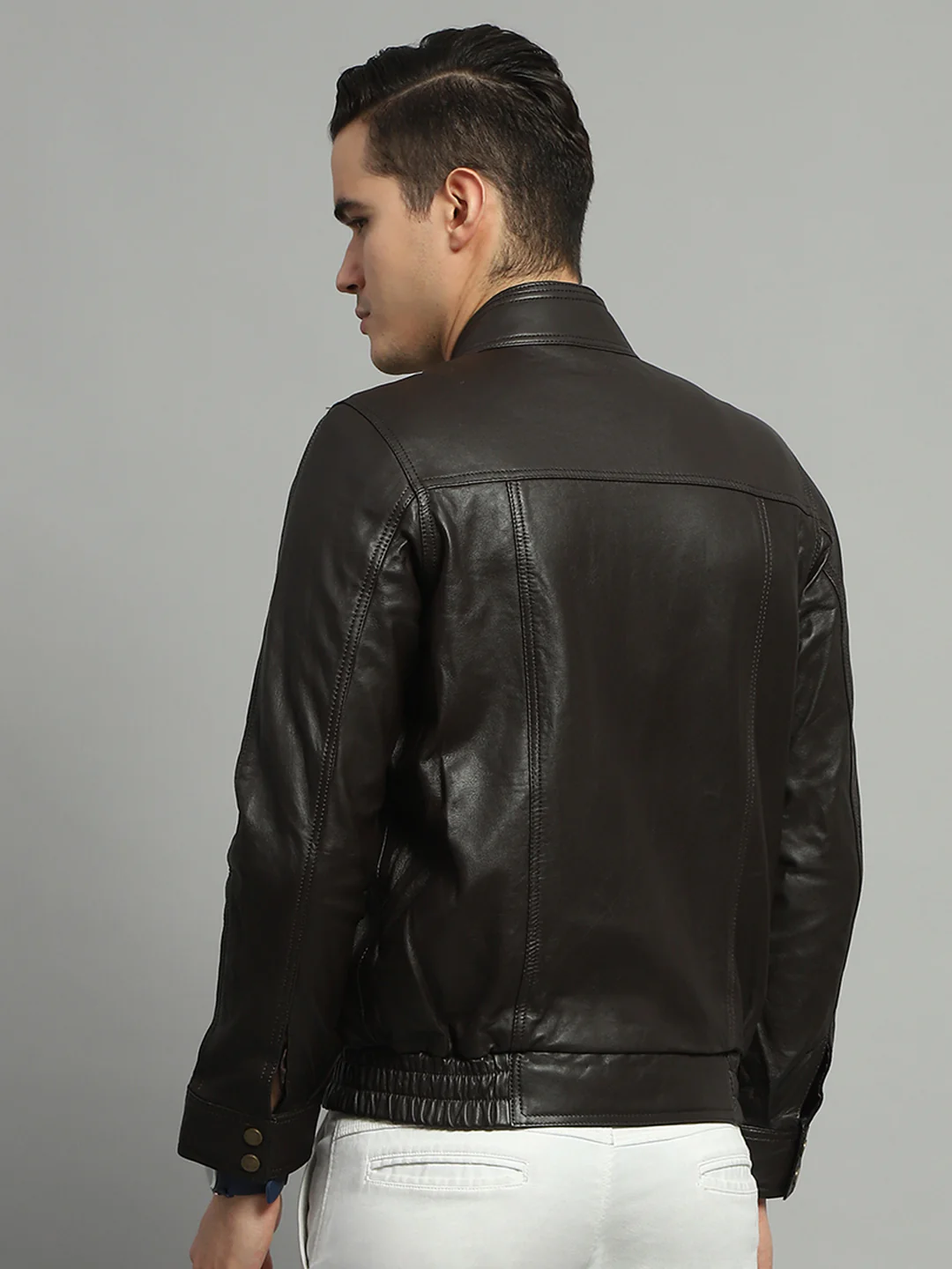 Luxuria Men Brown Solid Mock Neck Full Sleeve Leather Jacket - Image 5