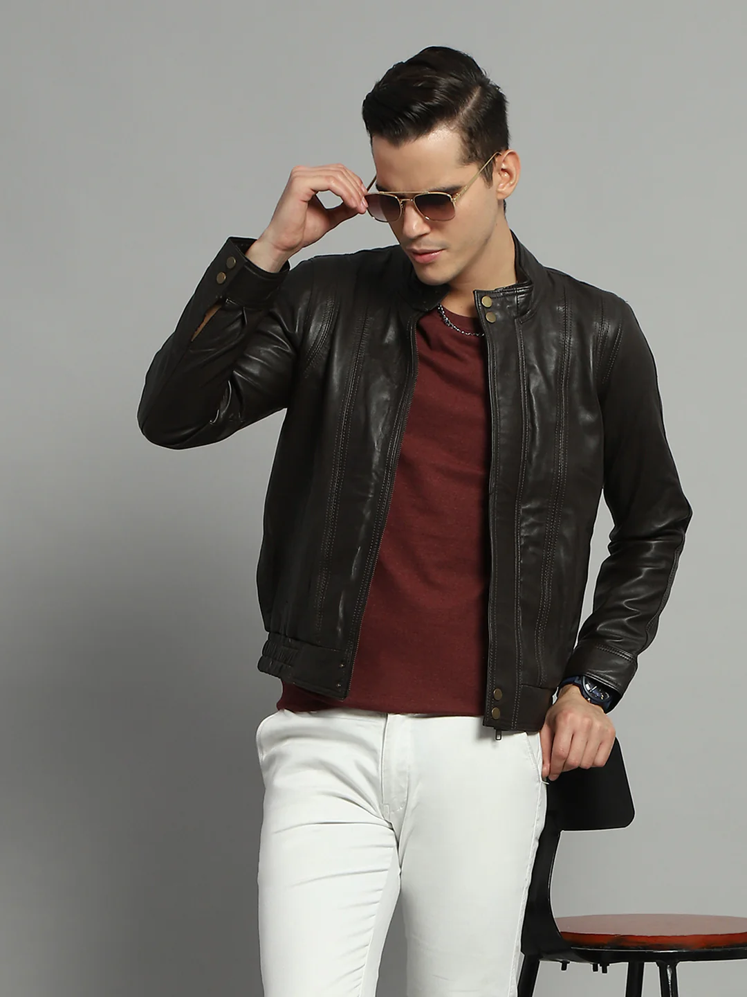 Luxuria Men Brown Solid Mock Neck Full Sleeve Leather Jacket - Image 6