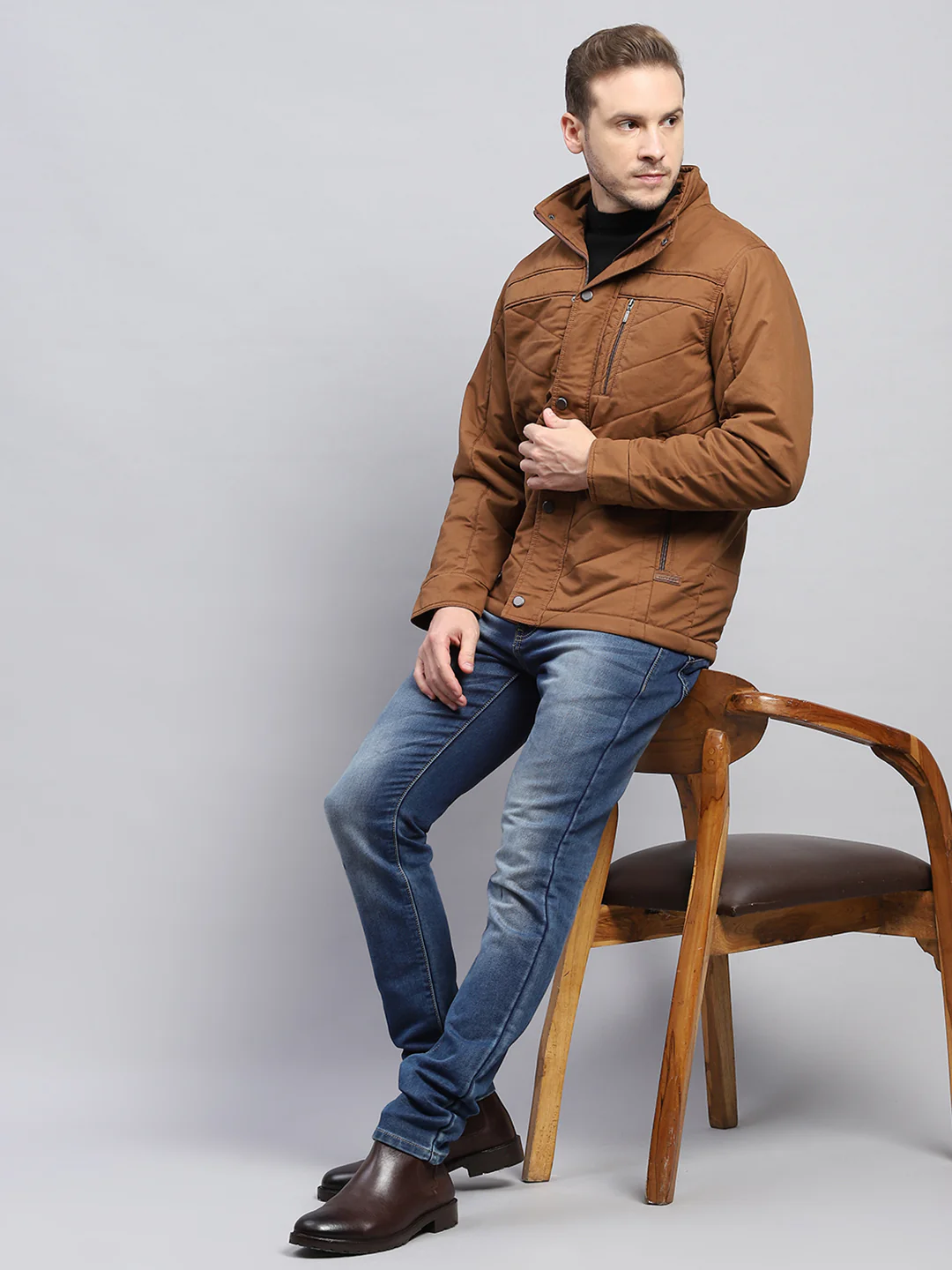 Men Brown Solid Mock Neck Full Sleeve Jacket - Image 2
