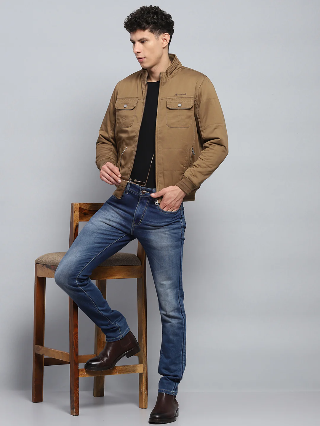 Men Brown Solid Mock Neck Full Sleeve Jacket - Image 2