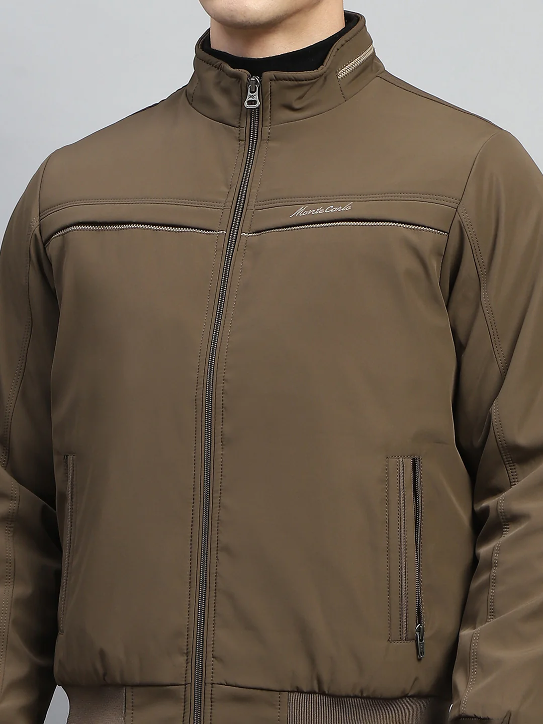 Men Brown Solid Mock Neck Full Sleeve Jacket - Image 6