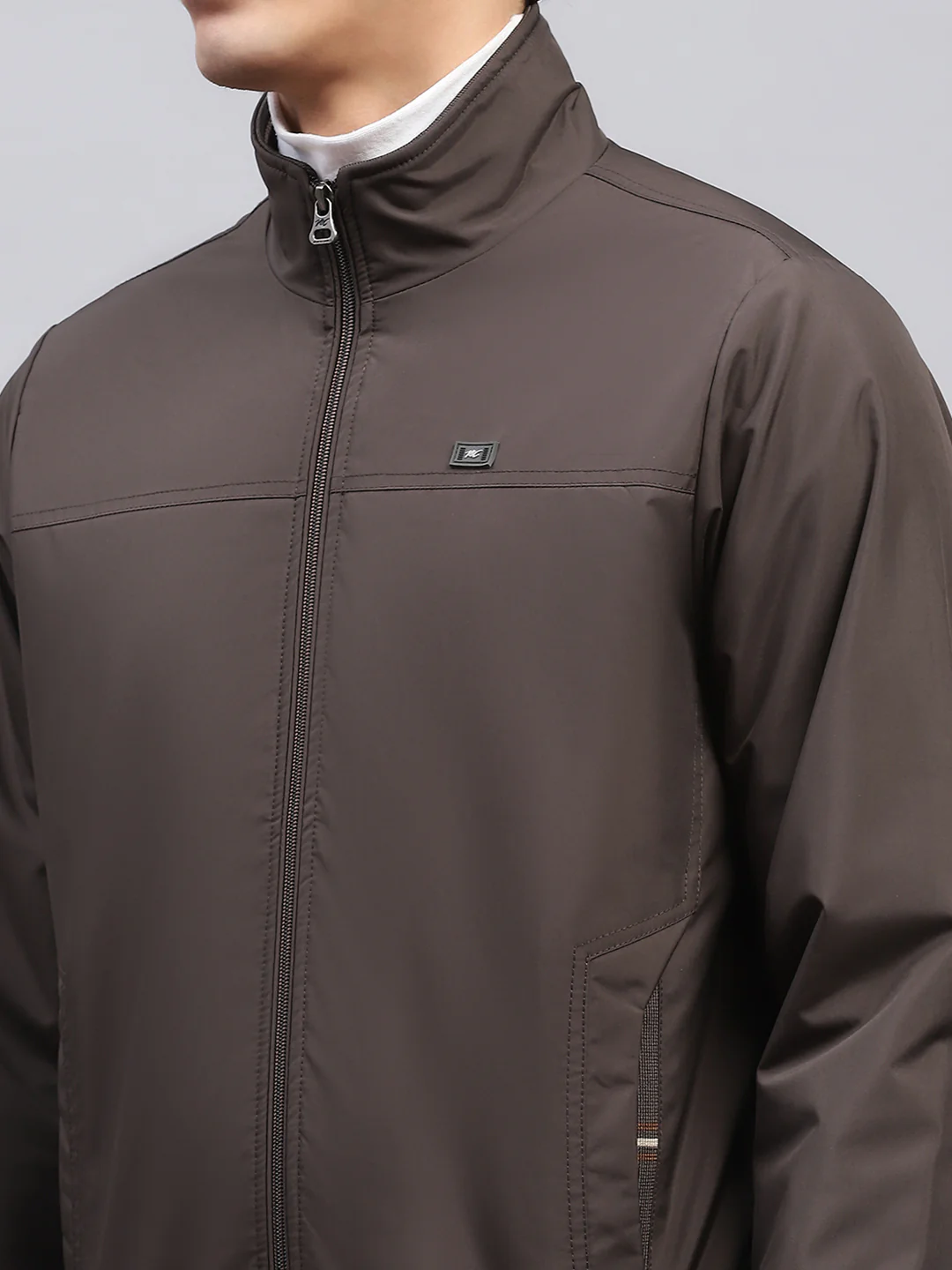 Men Brown Solid Mock Neck Full Sleeve Jacket - Image 6