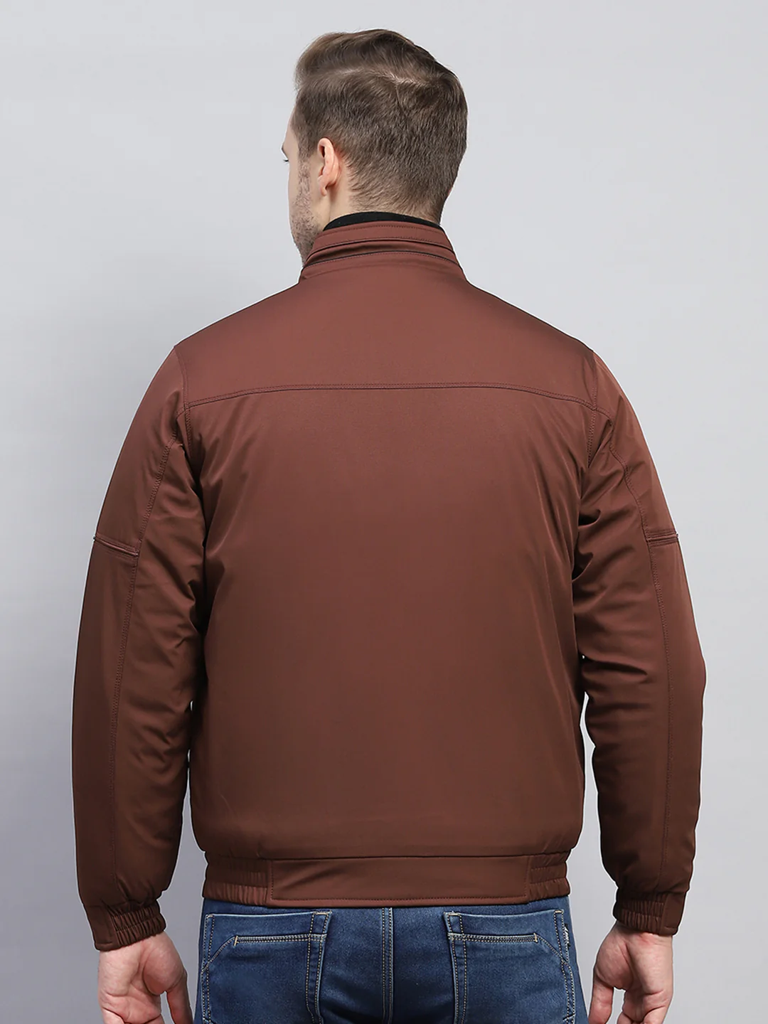 Men Brown Solid Mock Neck Full Sleeve Jacket - Image 5