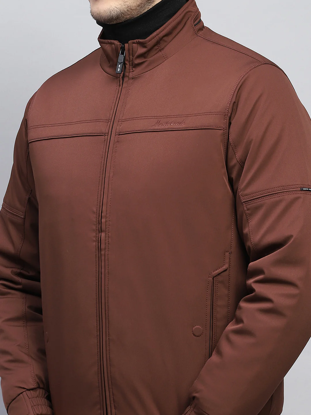 Men Brown Solid Mock Neck Full Sleeve Jacket - Image 6