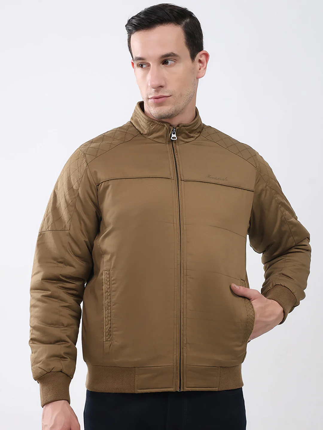 Men Brown Solid Mock Neck Full Sleeve Jacket