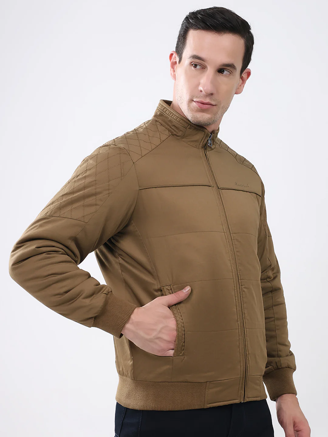 Men Brown Solid Mock Neck Full Sleeve Jacket - Image 4