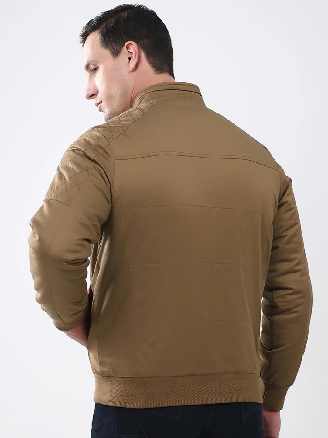 Men Brown Solid Mock Neck Full Sleeve Jacket - Image 5