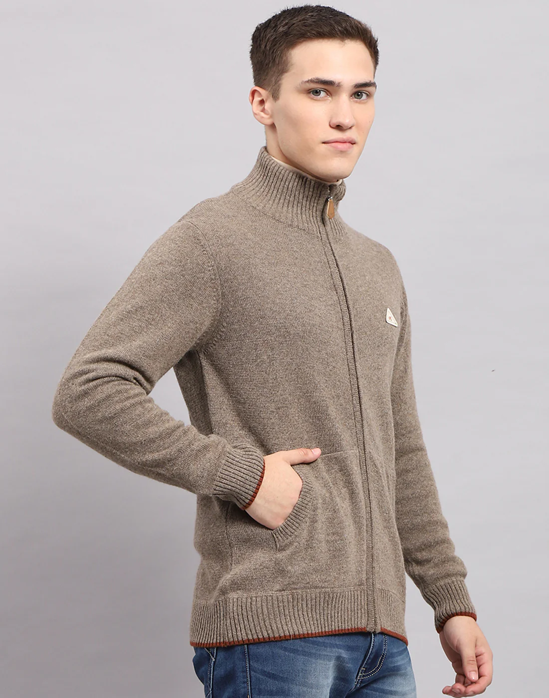 Men Brown Solid Mock Neck Full Sleeve Pullover - Image 4