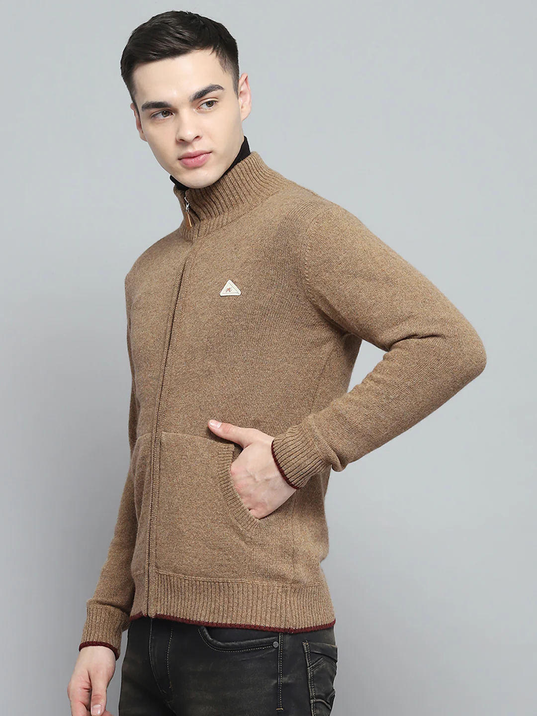 Men Brown Solid Mock Neck Full Sleeve Pullover - Image 3