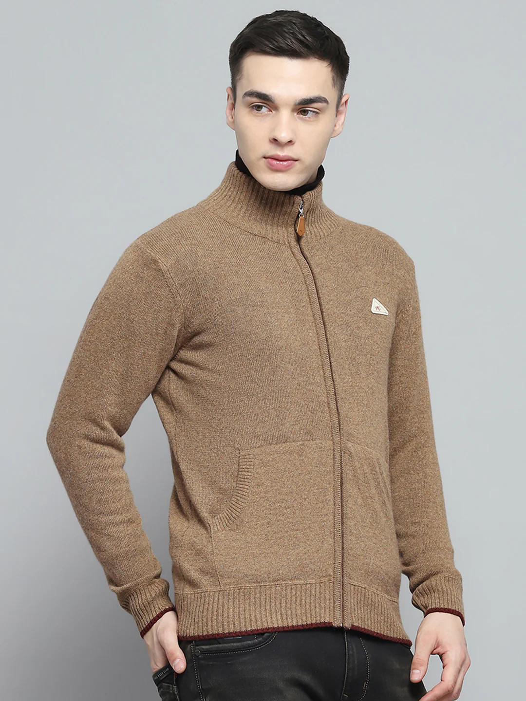 Men Brown Solid Mock Neck Full Sleeve Pullover - Image 4