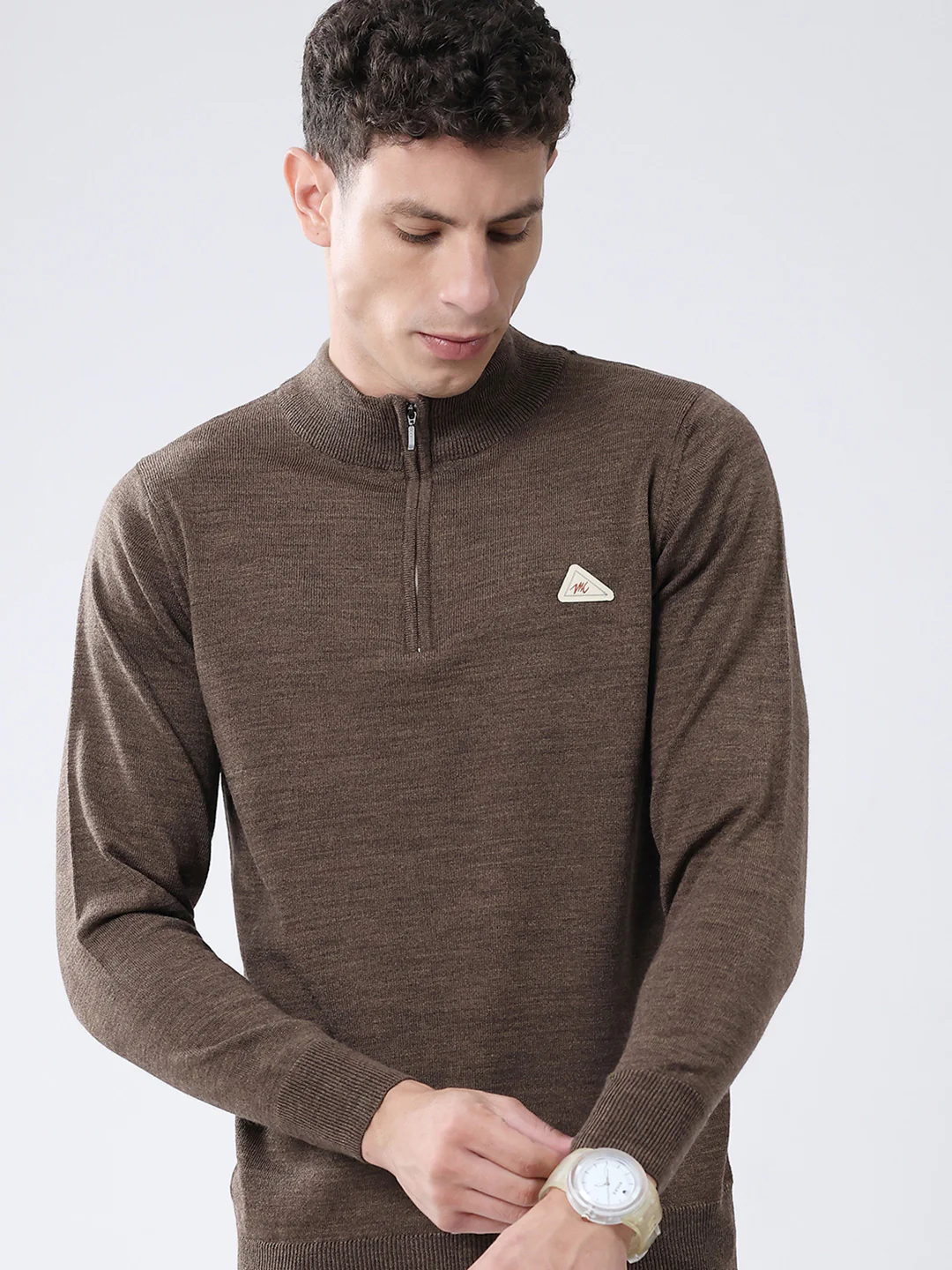 Men Brown Solid Mock Neck Full Sleeve Pullover - Image 6