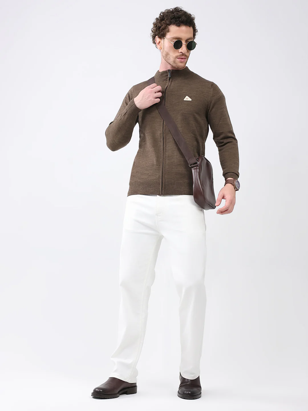 Men Brown Solid Mock Neck Full Sleeve Pullover - Image 2