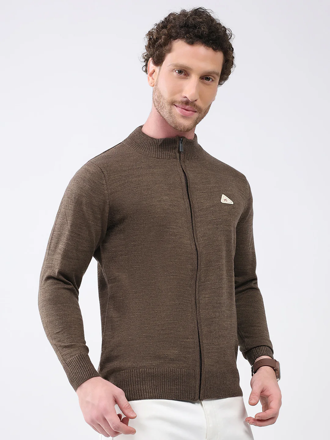 Men Brown Solid Mock Neck Full Sleeve Pullover - Image 4