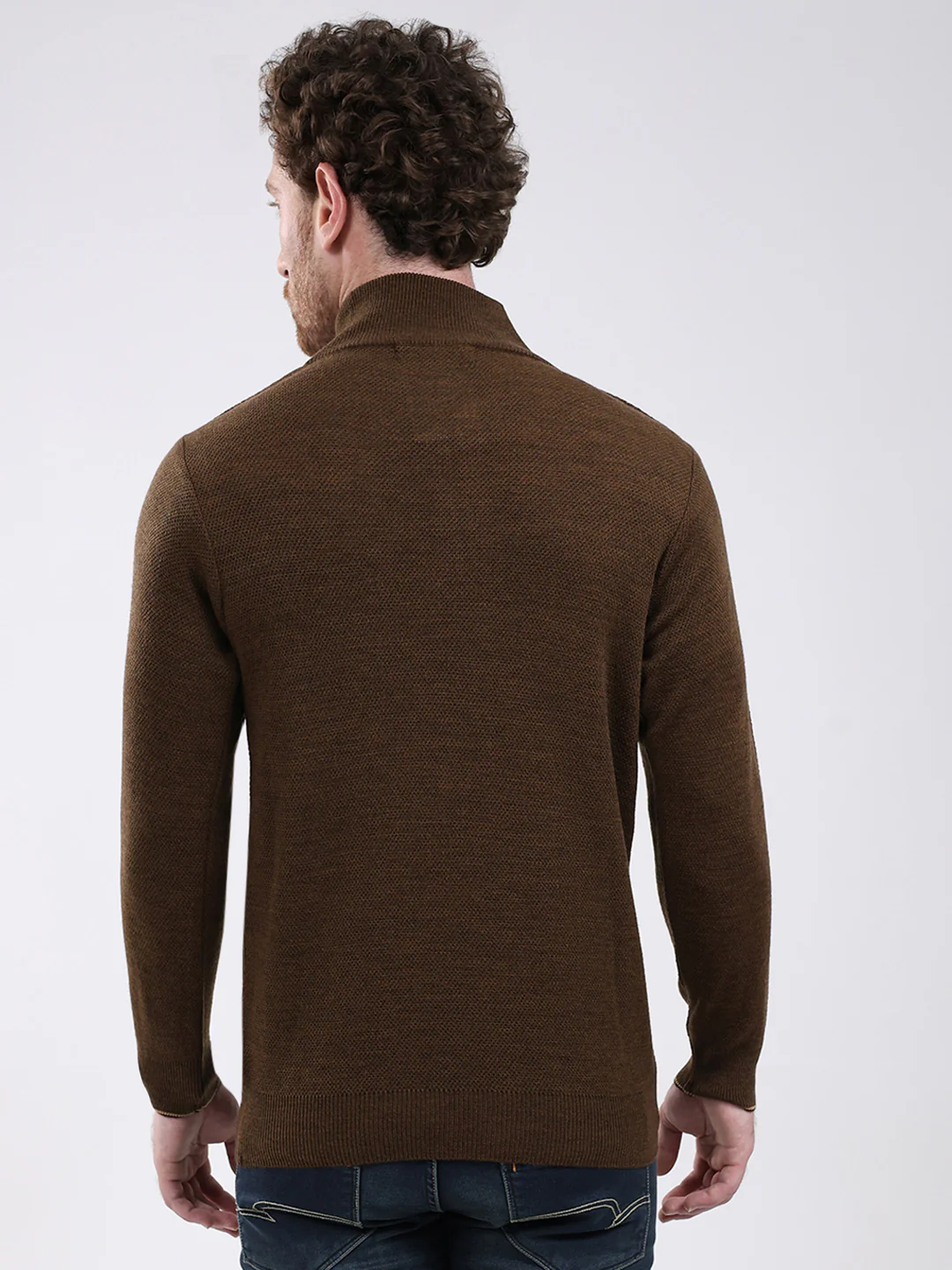 Men Brown Solid Mock Neck Full Sleeve Pullover - Image 5