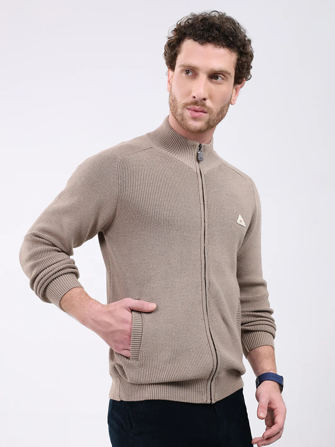 Men Brown Solid Mock Neck Full Sleeve Pullover - Image 4