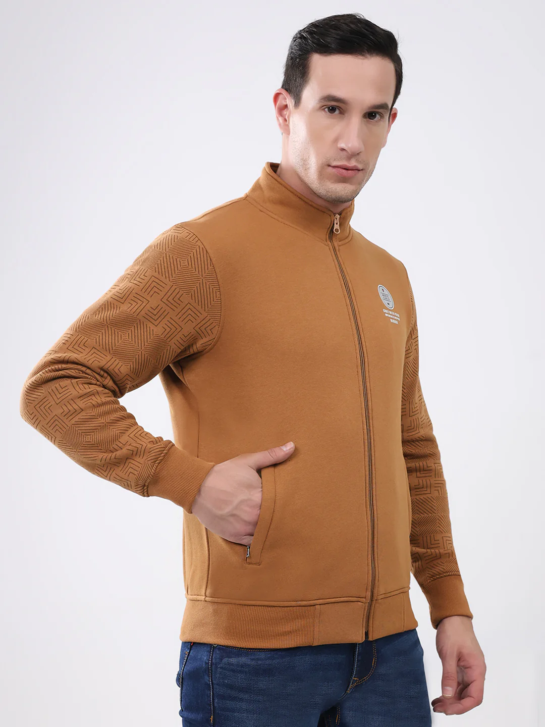 Men Brown Solid Mock Neck Full Sleeve Sweatshirt - Image 4
