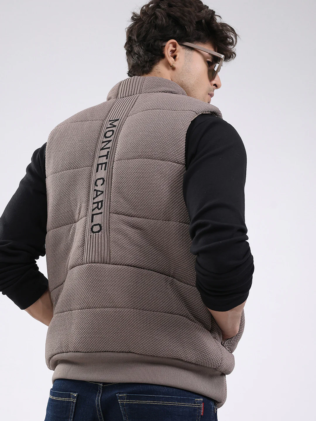 Men Brown Solid Mock Neck Sleeveless Jacket - Image 6