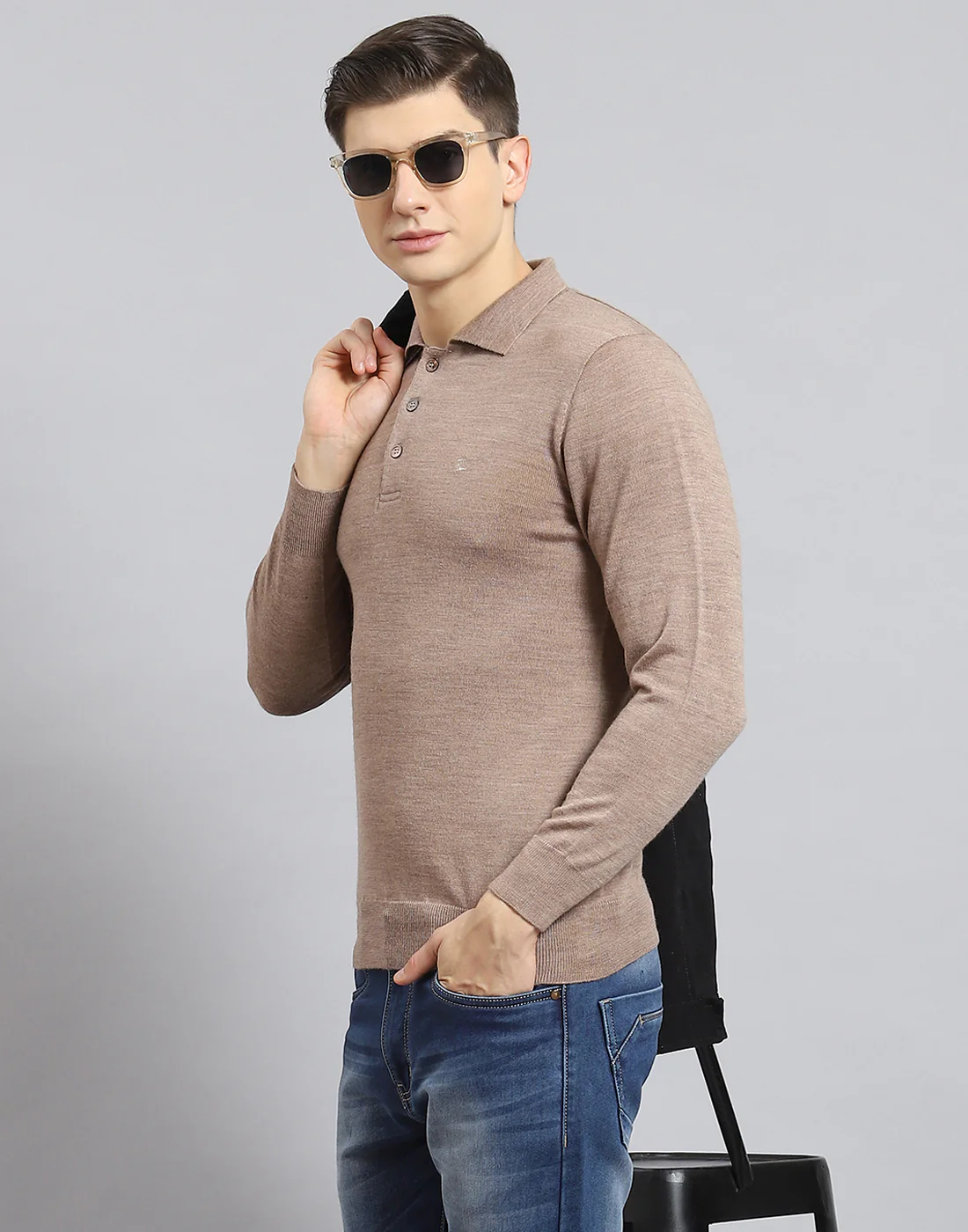 Men Brown Solid Polo Collar Full Sleeve T-Shirt - Image 2
